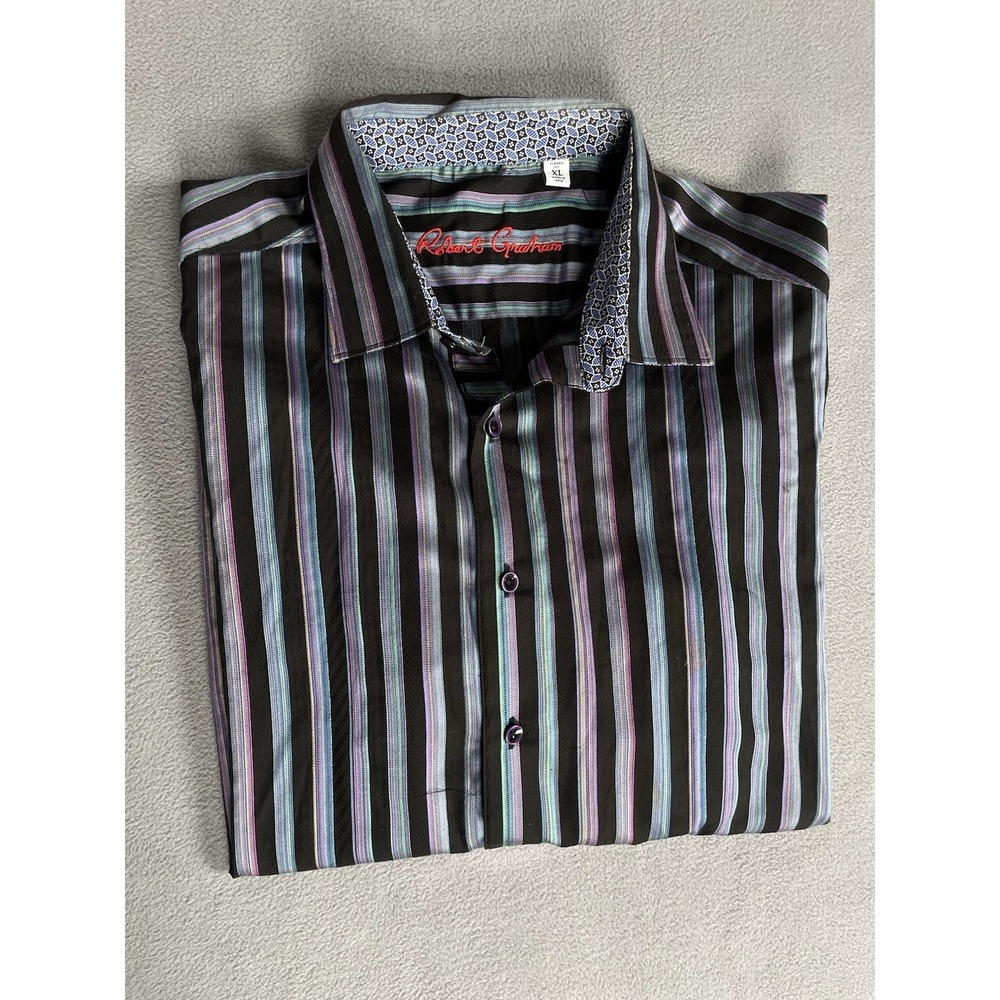 Robert Graham Shirt Mens XL Purple Blue Stripe Classic‎ Fit Flip Cuff Button Up